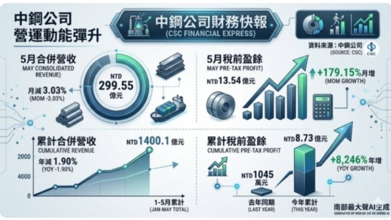 中鋼自結5月稅前盈餘13.54億、月增179% 毛利回升獲利飆速