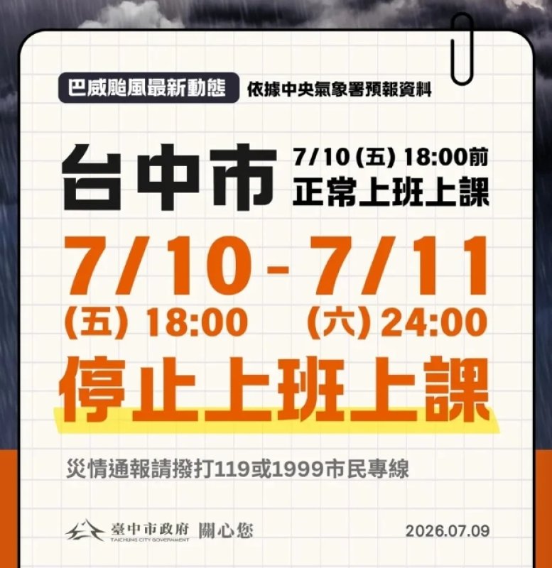 台中人注意！7/10日6時起至周六全天停止上班上課