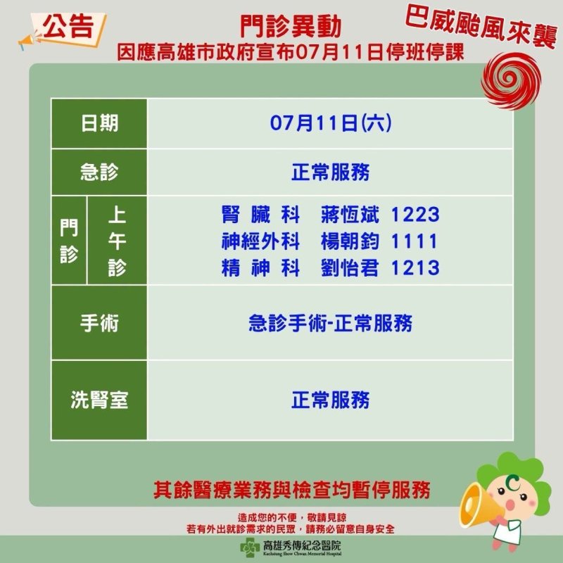 颱風來襲！高雄秀傳紀念醫院部分門診全面停診　醫療服務異動一次看
