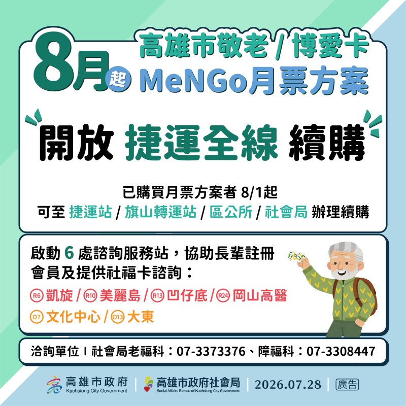 高雄市敬老、博愛卡8月1日起續購MeNGo月票 全線捷運站及旗山轉運站皆可辦理