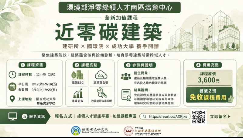 國環院與建研所「近零碳建築綠領人才培育課程」開放報名 9 月開辦 2 場試辦班免報名費 每人節省 3,600 元