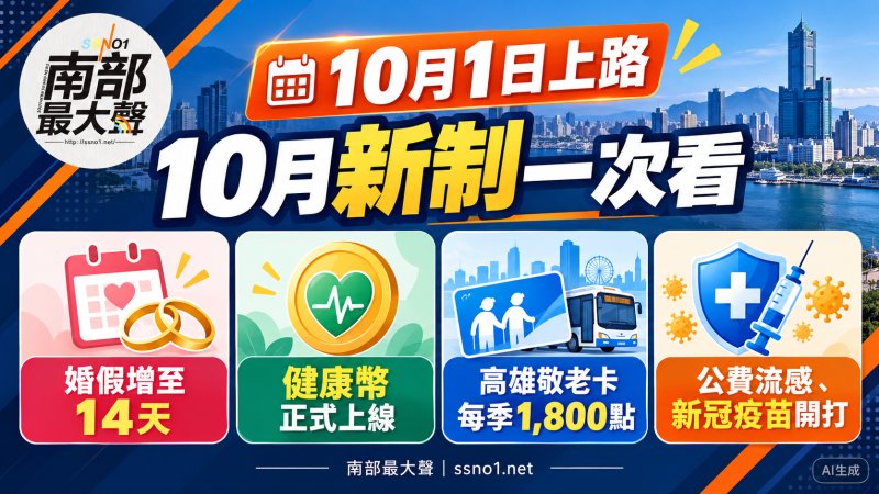 「10月新制懶人包」  婚假增至14天、健康幣上線　高雄敬老卡改季領1800點