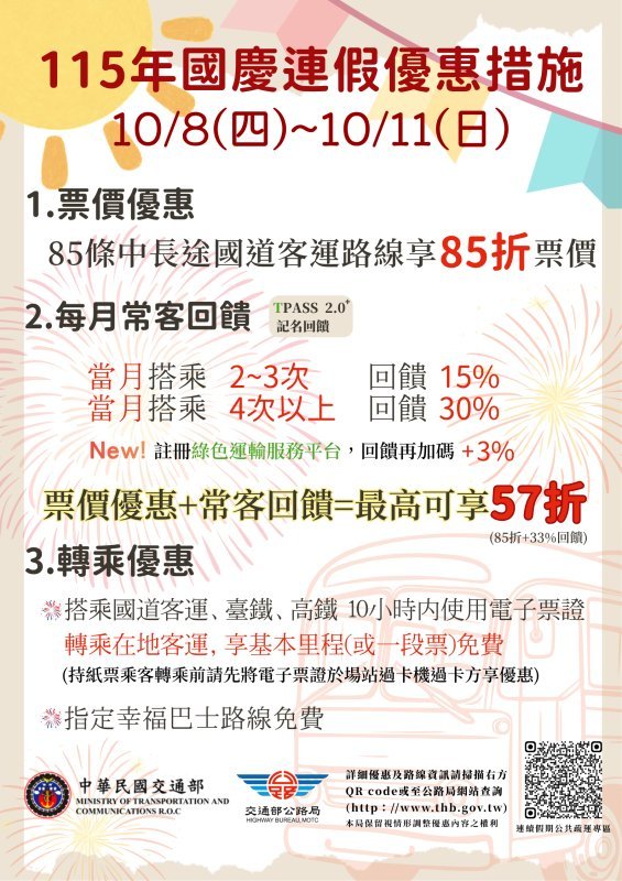 國慶連假搭公共運輸享票價優惠