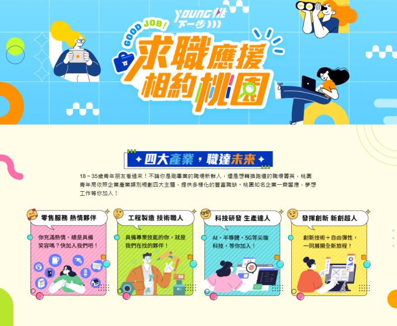 計畫網站職缺頁面，提供四大產業的多元職缺