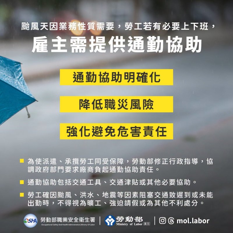 颱風天因業務性質需要，勞工若有必要上下班，雇主須提供通勤協助
