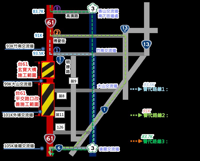 台61線竹南路段南下替代路線圖
